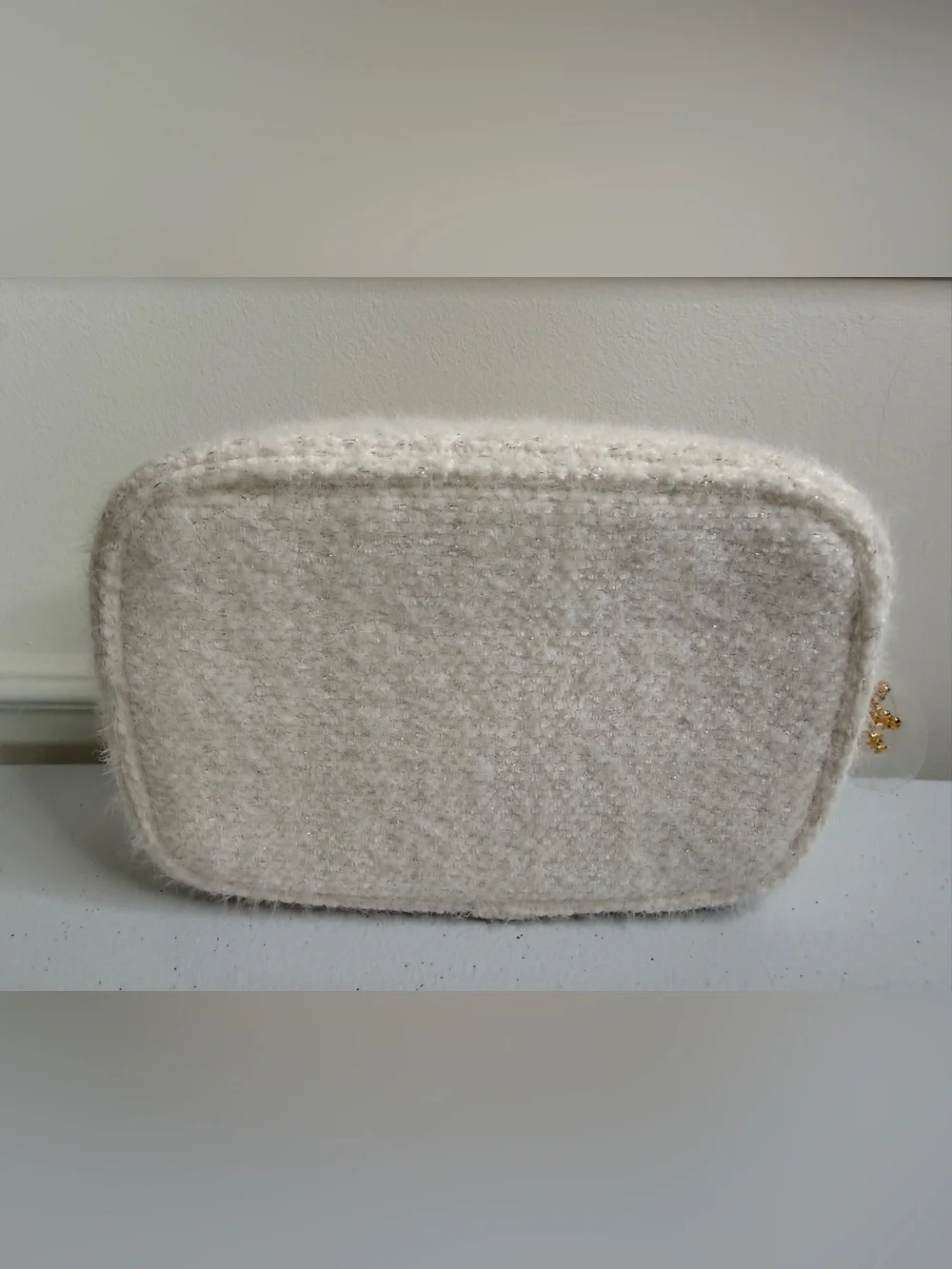 CHANEL Holiday Cream Textured Beauty Pouch with Gold Logo